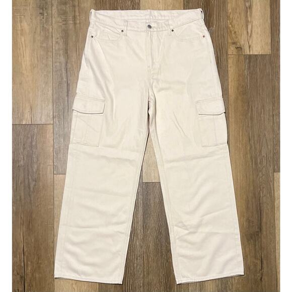 Old Navy Extra High Waisted Sky Hi Wide Leg Cargo Jeans Cream Sz 14 90s Y2K NWOT - Picture 3 of 11